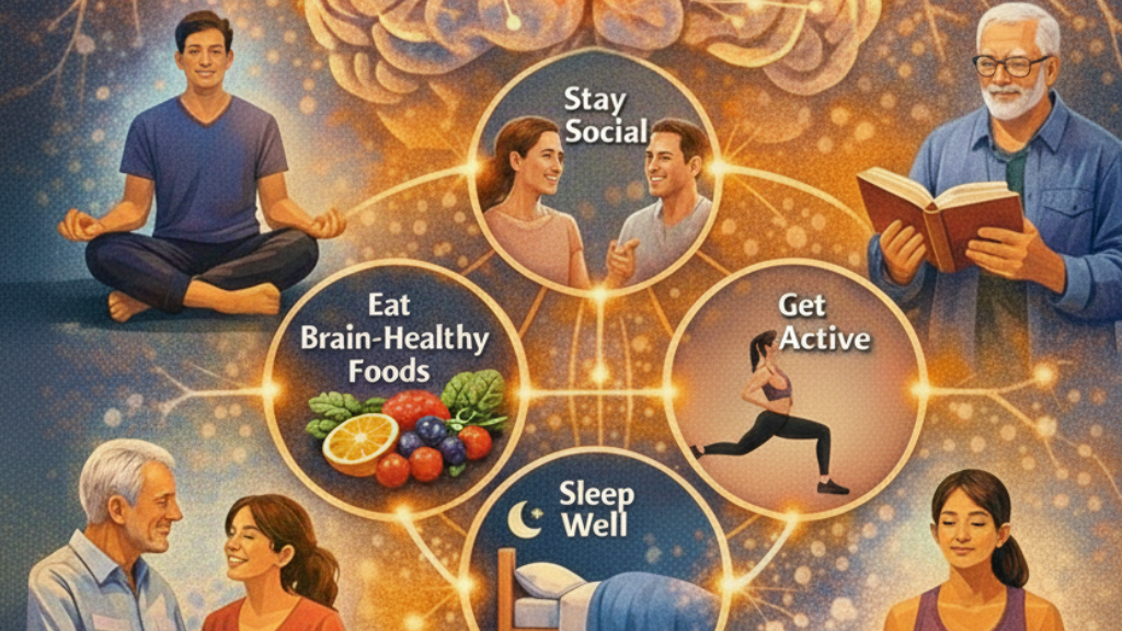 Adults practice modern wellness space, representing neuroplasticity, brain fitness, and healthy ageing.