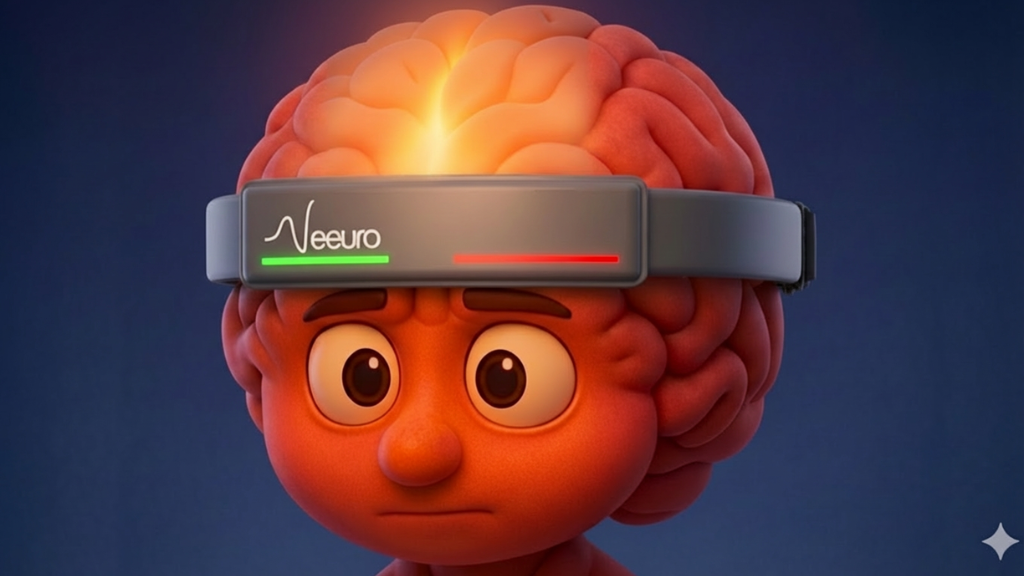 Wearing an EEG headset while interacting with a cognitive-training program on a tablet, highlighting real-time brain activity monitoring and activation of the prefrontal cortex in a modern neuroscience or wellness setting.