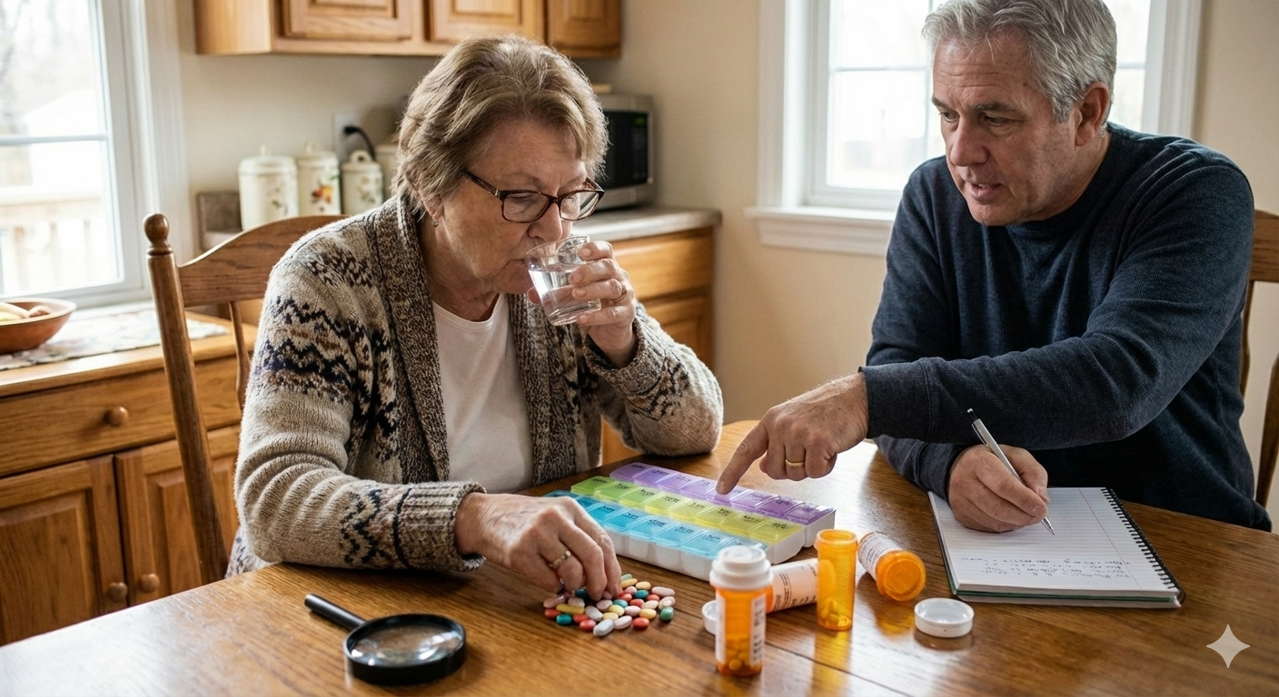 Senior couple calmly organizing medication at home, reflecting shared responsibility and mindful daily routines.