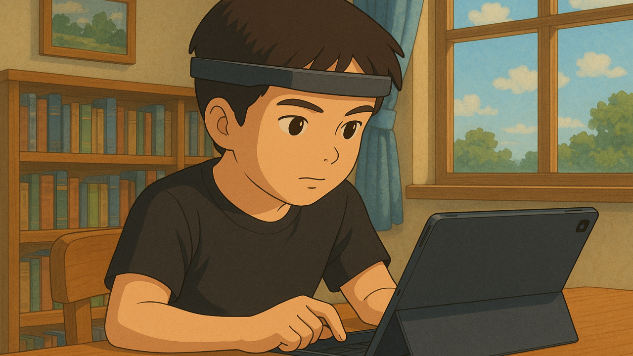 Child wearing EEG headband during digital brain training session to improve attention and cognitive control using Neeuro’s neurotechnology